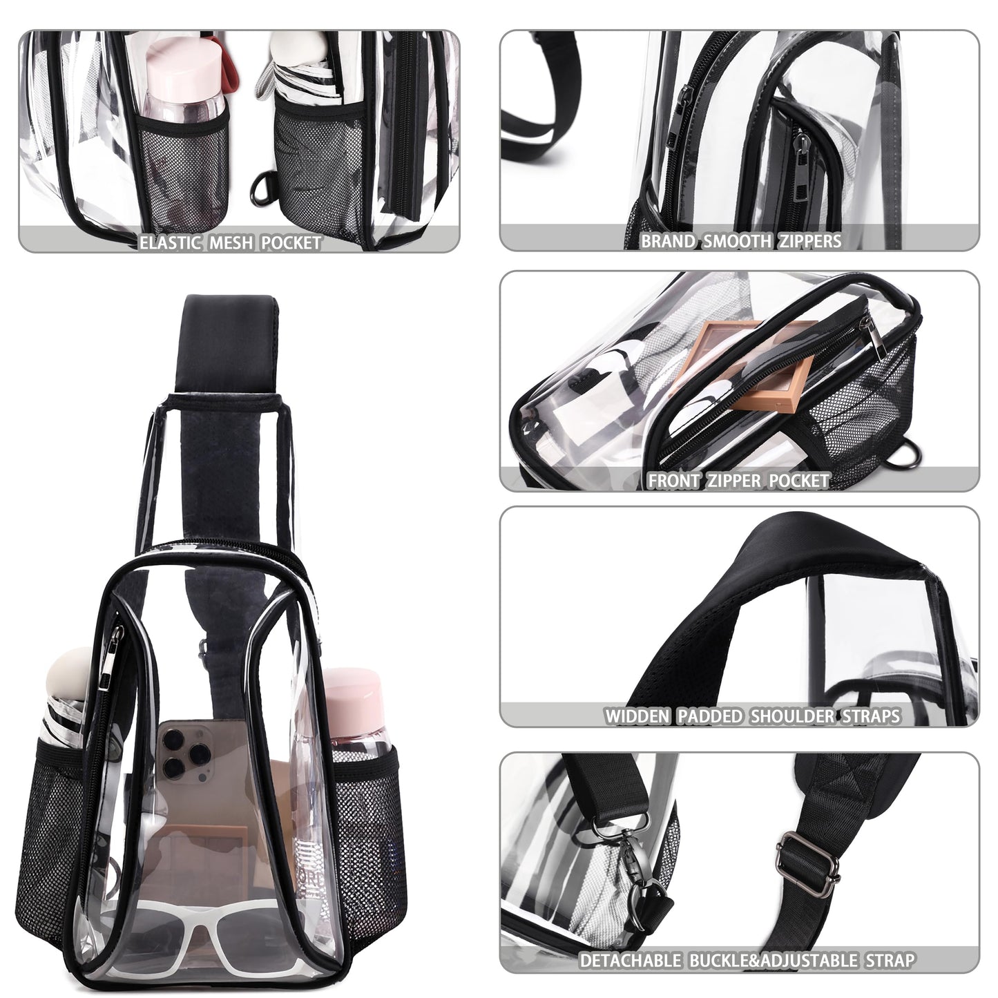 Caoroky knight clear bag for stadium events approved crossbody bags transparent TPU sling shoulder purse casual chest pack heavy duty clear backpack for men women-Black