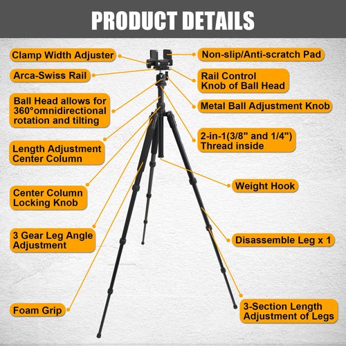 HUNTPAL Shooting Tripod Hunting Shooting Stick Gun Rifle Rest with Saddle Clamp and 360° Rotate Ball Head, Height Adjustable 19"-65" Rifle/Crossbow Shooting Stick Tripod
