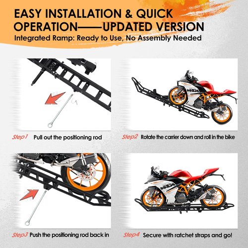 83" Motorcycle Hitch Carrier, 600 lbs Capacity, Adjustable Ramp for Up to 4.3" Tires, Anti-Tilt Lock, Shock Absorption, Pin Lock, Stabilizer & Straps