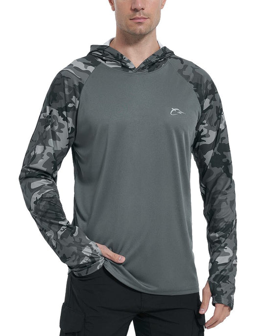 FISHEAL UPF 50+ Fishing Shirts for Men - Sun UV Protection Hoodie SPF Camo Long Sleeve Swim Shirts for Hiking Quick Dry
