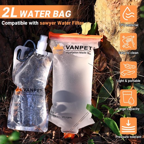 VANPET 2L&1L Water Bag Compatible with Sawyer Squeeze Water Filter, Durable TPU Material, BPA & PVC Free Squeeze Pouch, Collapsible Hydration Canteens for Camping Hiking Cycling
