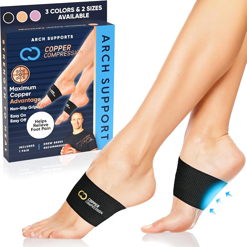 Black Plus Size 1 Pair Copper Compression Arch Support Sleeves for Plantar Fasciitis