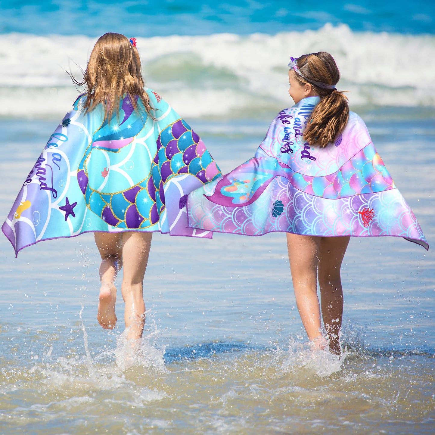 Yahenda 2 Packs Mermaid Beach Towel for Kids Quick Dry Beach Swimming Bath Pool Towel for Kids Girls Travel Shower Swimming Camping, 28 x 55 Inch
