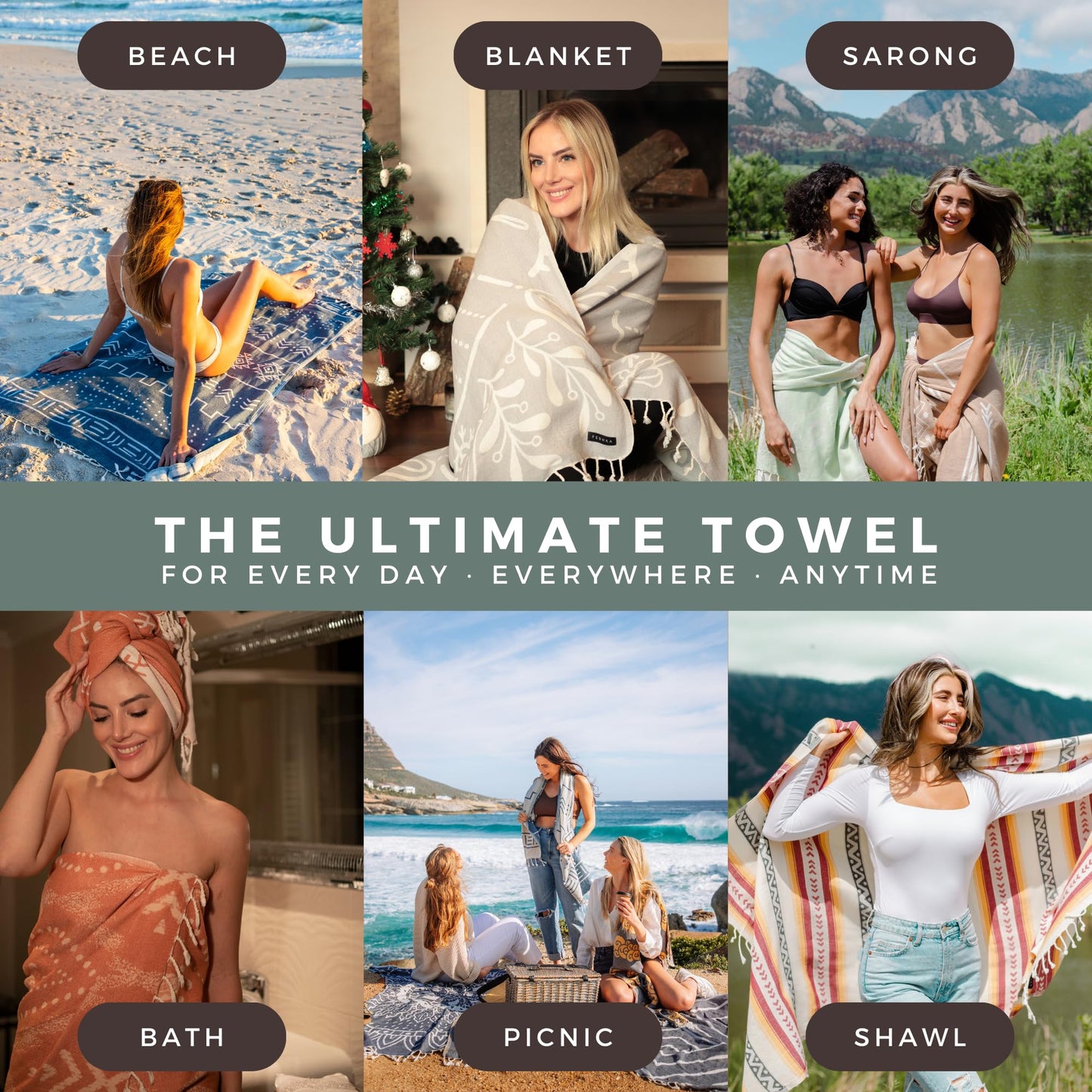 FESHKA Sand Free Turkish Beach Towel (37 x 67) Quick Dry Bath Towel, Oversized Beach Blanket, Lightweight for Travel - Made with 100% Organic Turkish Cotton - Saguaro (Green)