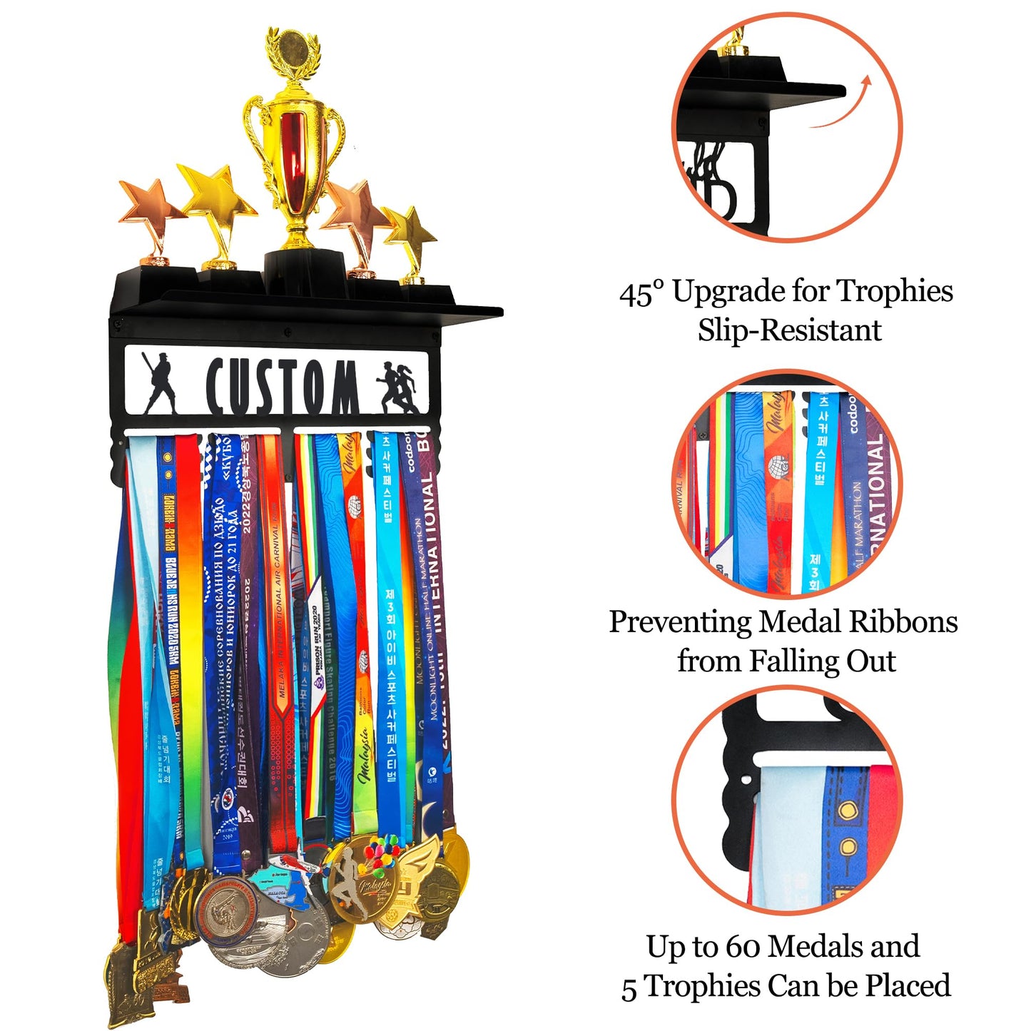 Goutoports Personalized Medal Hanger Display Rack for Awards and Trophies - Custom Metal Holder for Your Multiple Sports Race Medals - Easy to Install Basketball Medal Display Holder Ribbons Hanger