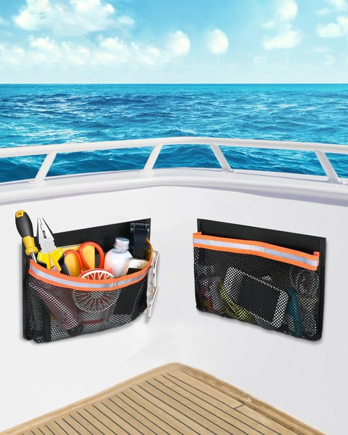 PLOZANO Boat Storage Accessories, Closable PVC Reflective Self-Adhesive Universal Boat Caddy Organizer Mesh Bag for Gloves, Tools, Tackle, Gear(2 Pack, 10"*7")