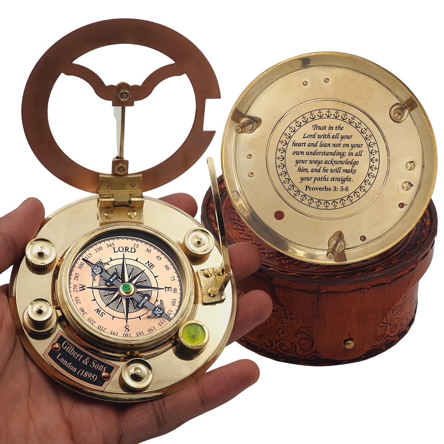 Trust in The Lord with All Your Heart -Proverbs 3: 5-6 Quote Engraved Compass with Leather Box, Sundal Compass, Gift Compass, Graduation Gifts Compass for Women Mens Boy Girls