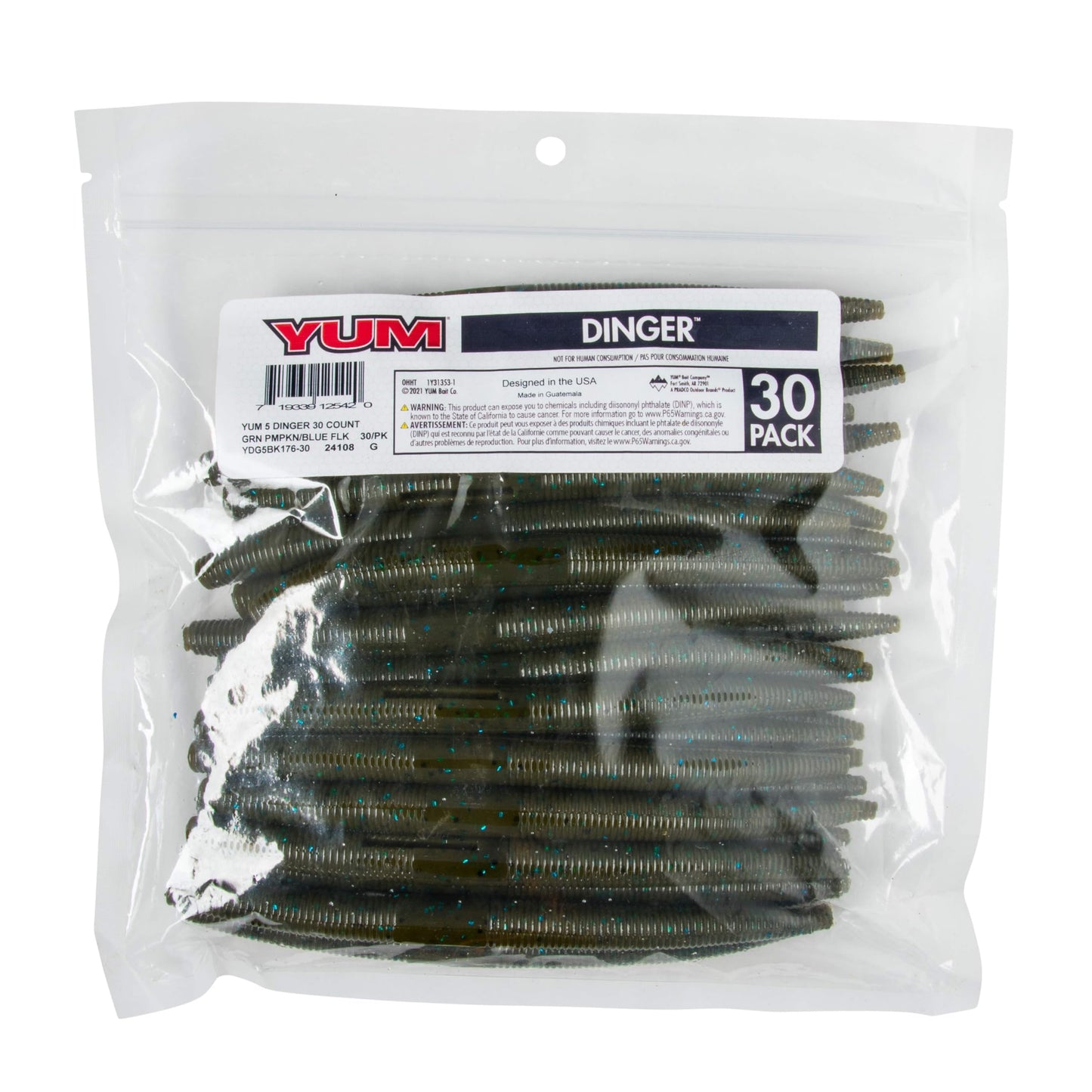 YUM Dinger Bulk 30-Pack - Green Pumpkin Blue Flake - 5"
