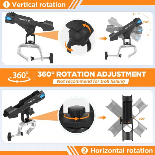 PLUSINNO Fishing Boat Rods Holder with Large Clamp Opening 360 Degree Adjustable Fishing Rod Racks Folding Holder (2 Pack)