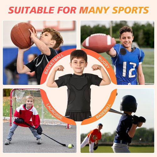 Youth Padded Compression Shirt, Football Padded Shirt, Chest Rib Protector with 6-Pad for Sports Football Baseball Lacrosse Rugby