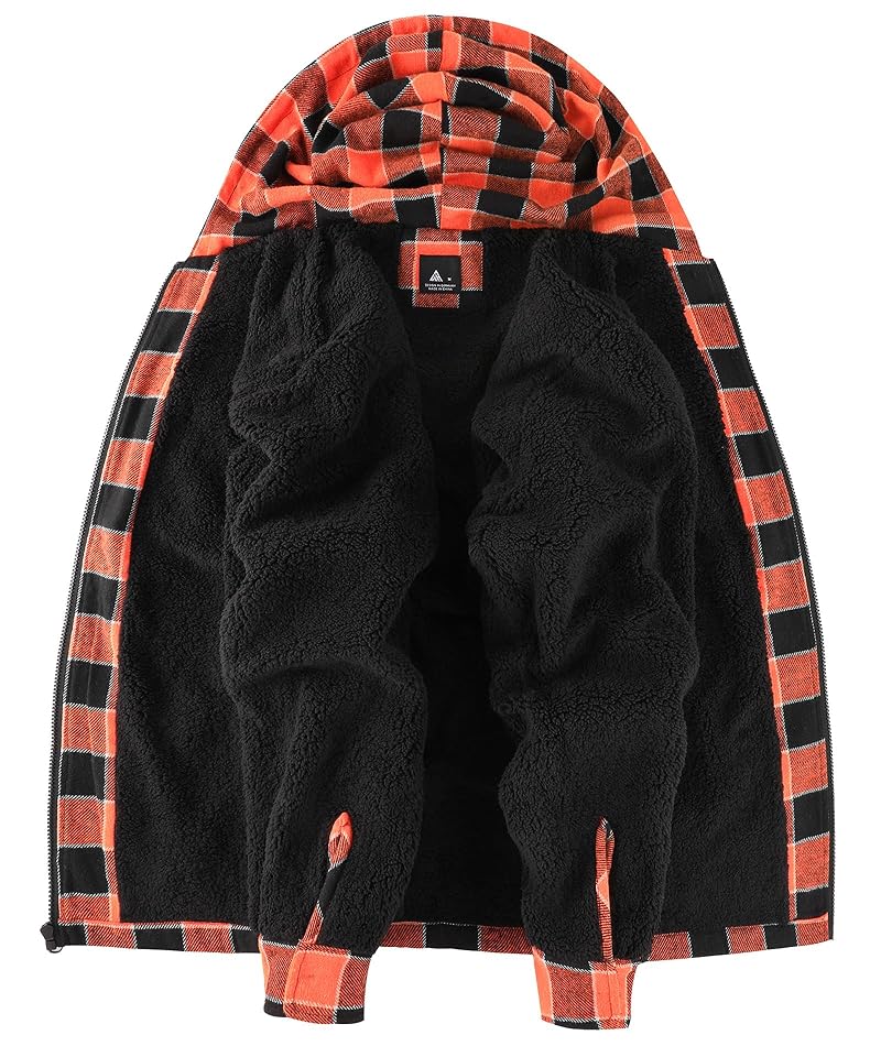 Mens Flannel Hooded Jacket Sherpa Lined Zip Up Plaid - Orange Black XX-Large