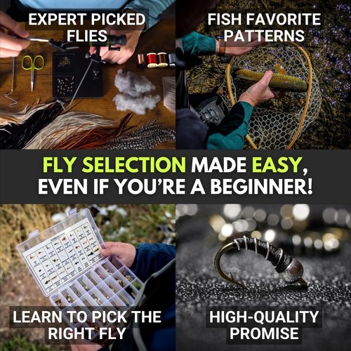 Ventures Fly Co. | 40 Premium Hand Tied Fly Fishing Flies Assortment | Fly Box Included | Dry, Wet, Nymphs, Streamers, Wooly Buggers, Terrestrials | Trout, Bass Lure Set, Kit
