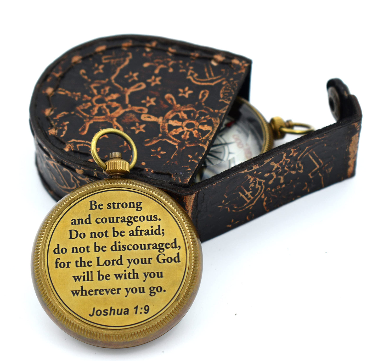 Be Strong and Courageous (Joshua 1:9) Brass Compass with wooden Box-Engraved Scripture Prayer Compass Religious Gift for Men & Women - Baptism, Confirmation, Communion Compass for Boys Graduation Gift