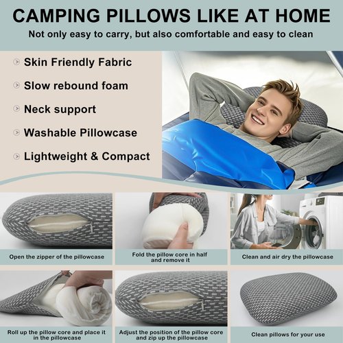 Memory Foam Camping Pillow - Lightweight & Portable Small Travel Pillow for Airplane & Train Travel Rest, Camping, Backpacking, Removable Washable Cover, Easy to Clean, Includes Storage Bag