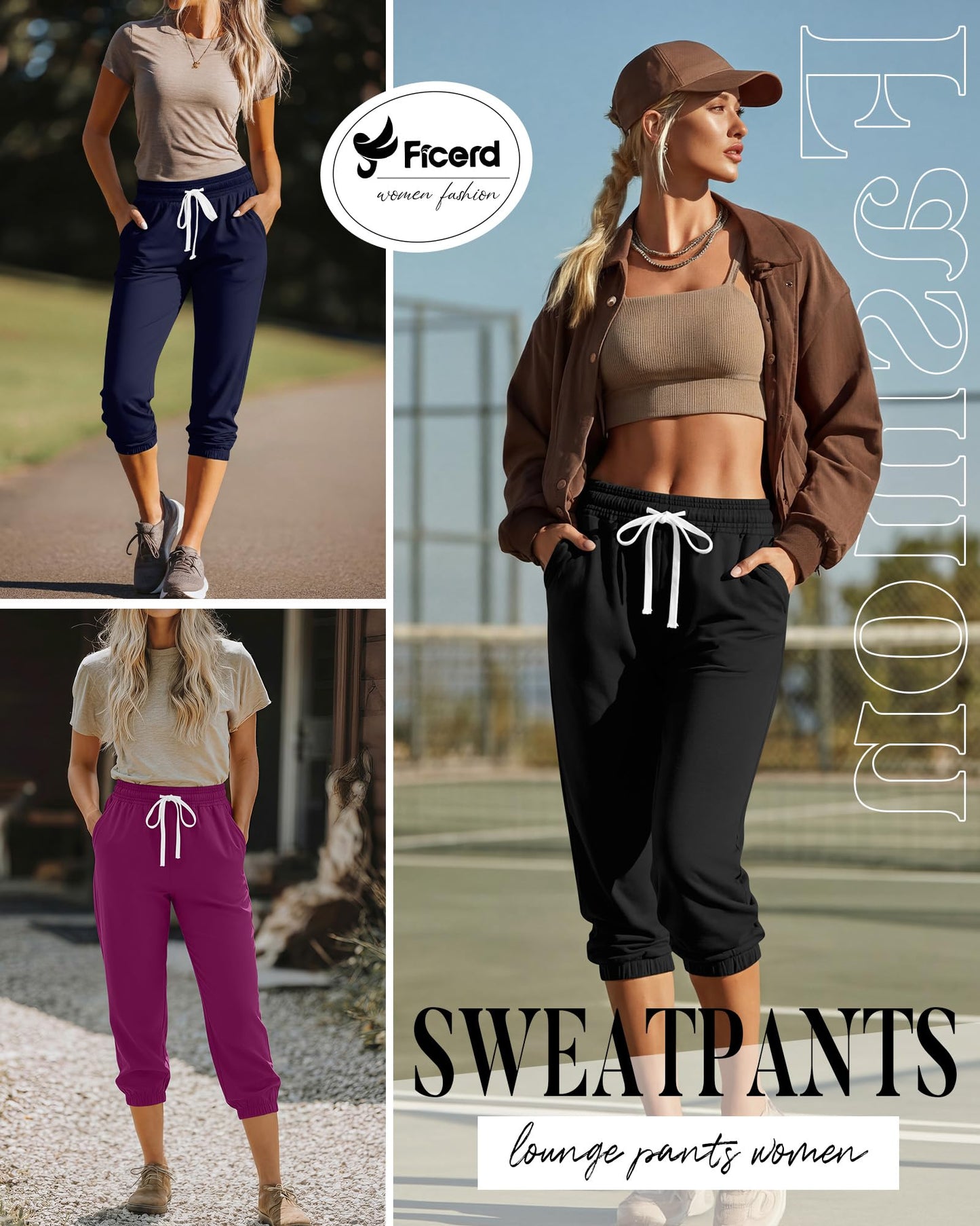 Ficerd 3 Pcs Women's Capri Sweatpants Joggers Casual Sports Cropped Lounge Pants High Waisted Athletic with Pockets (Black, Purple Red, Navy Blue,XLarge)