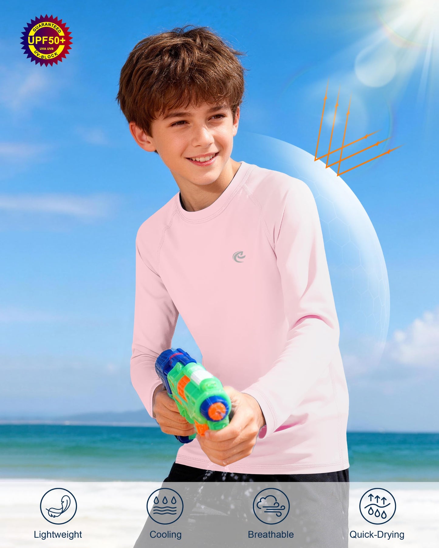 Kids Boys Fishing Sun Shirts, Outdoor Long Sleeve Lightweight UPF 50+ Running Rash Guard Shirt