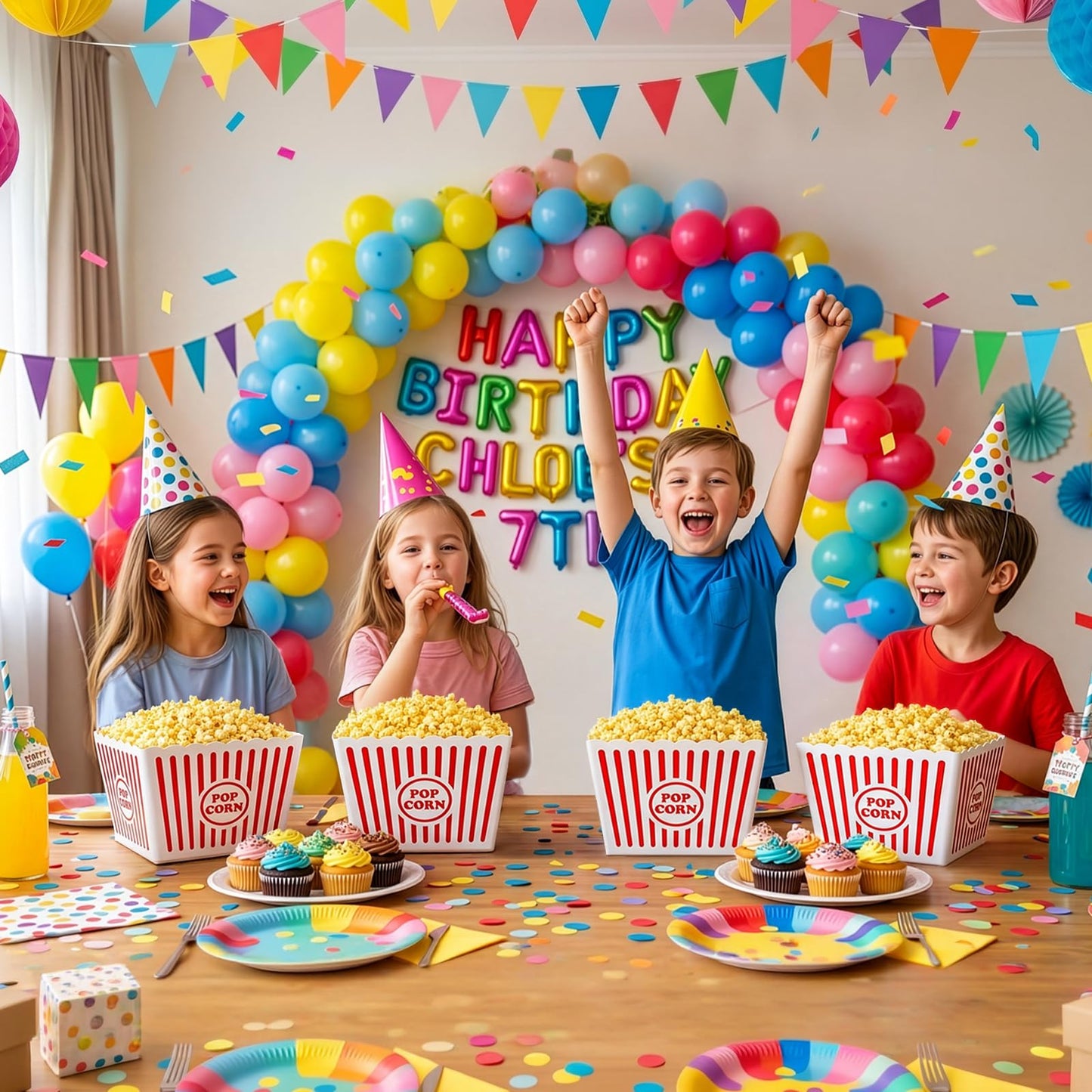 Bekith 6 Pack Plastic Popcorn Buckets Reusable, Large Popcorn Containers for Movie Night, 9" Square x 6" Tall