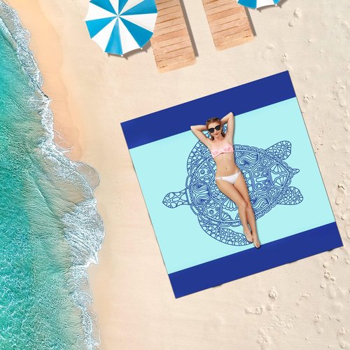 LinaLife 79"x83" beach blanket waterproof sandproof Adults Oversized Lightweight Large Picnic Mat for Travel Camping Hiking Picnic quick drying Sea Turtle Design Anchor Stakes and Compact Travel Bag