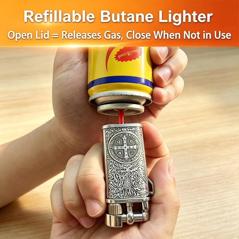 Vintage Butane Lighter with Saint Benedict Medal Motif, Refillable Pocket Trench Lighter