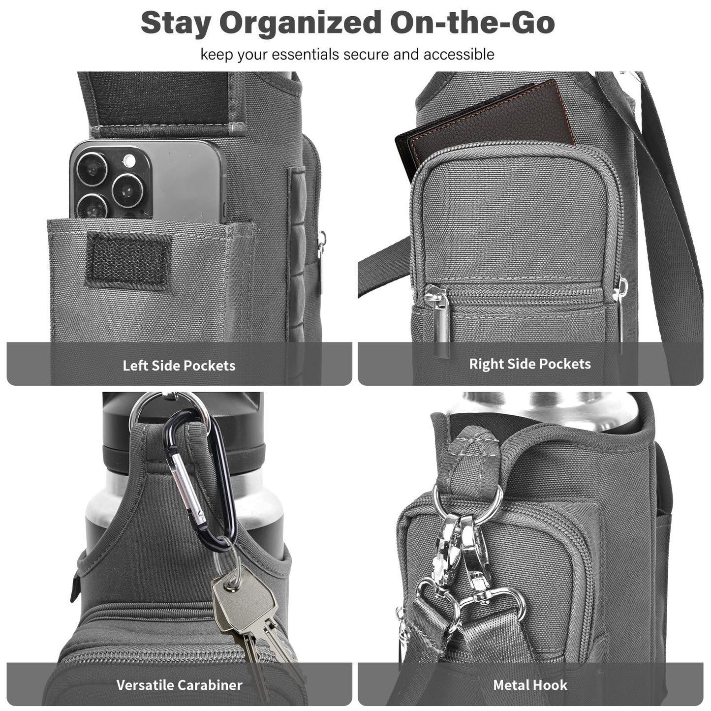 icolor Magnetic Gym Bag Water Bottle Carrier Holder with Phone Pockets & Strap,Nylon Gym Magnetic Bag 5 Built-in Magnets Gym Accessories Organizer Bottle Pouch Sleeve for Men Women (Light Gray)