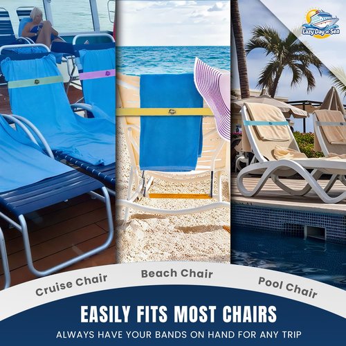 6 Pack Towel Bands for Beach Chair, Pool & Cruise Lounge Chairs, Extra Durable, No Snapping, Cruise Ship Essentials, Great Alternative to Towel Clips. Beach Must Haves