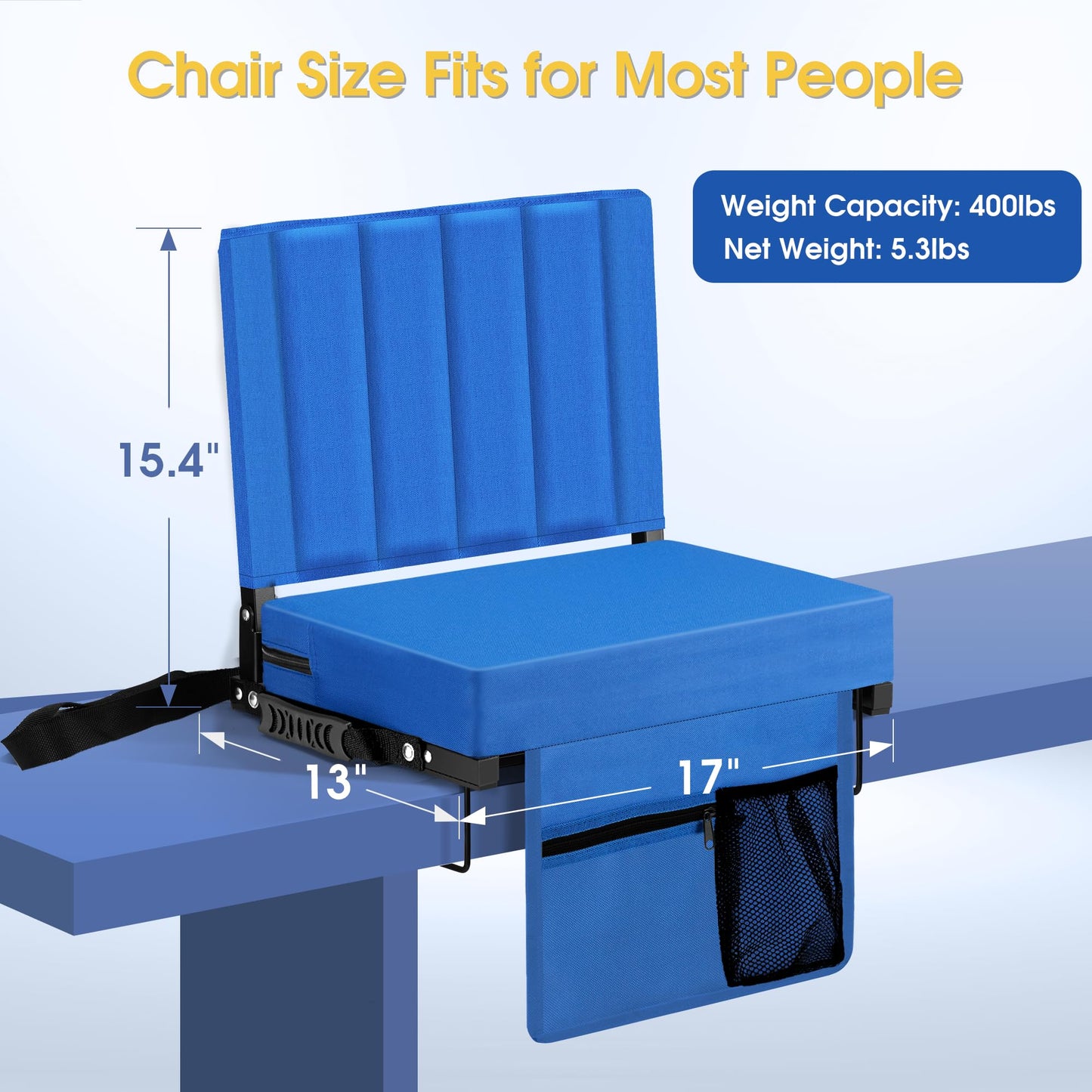 Halituny Stadium Seat for Bleachers with Back Support, Portable Bleacher Seat with Wide Comfy Padded Cushion, Metal Hook, Folding Stadium Chair with Shoulder Strap, Carry Handle, Cup Holder, Blue