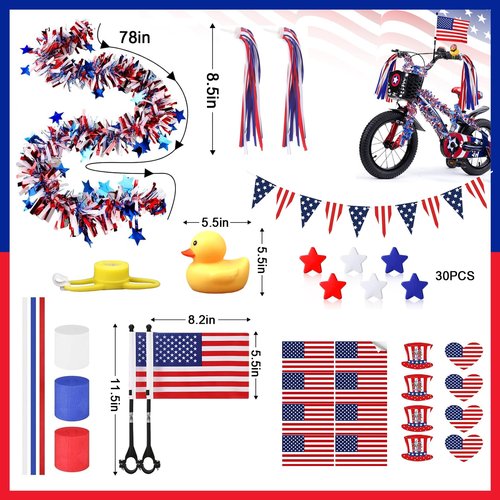 4th of July Bike Decorations for Kids - Parade Patriotic Bicycle Decor, Red White Blue Bike Tassels Streamers, Tinsel, Rubber Duck, Wheel Spokes Beads, American Flags for Independence Day Party Favor