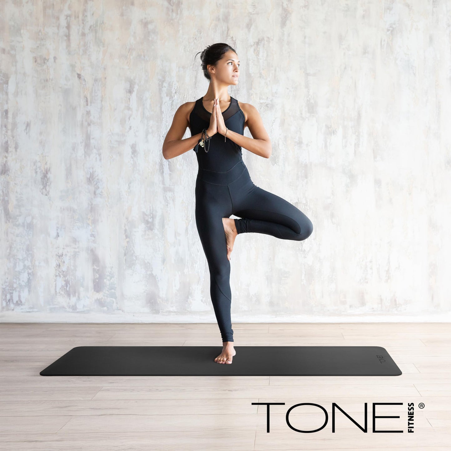 TONE Fitness Yoga Mat 1/4" Thick Non Slip Exercise & Pilates Mat for Home Workouts with Carrying Strap | V Pattern | Gray