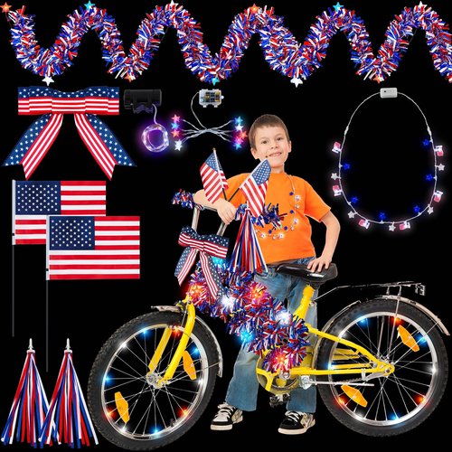 Buryeah 10 Pcs LED 4th of July Bike Decorations Kit Patriotic Bike Decor Wheel Light Bicycle Streamer Bow USA Flag Red White Blue Tinsel Garland Necklace Star Light Independence Day Parade Party Favor