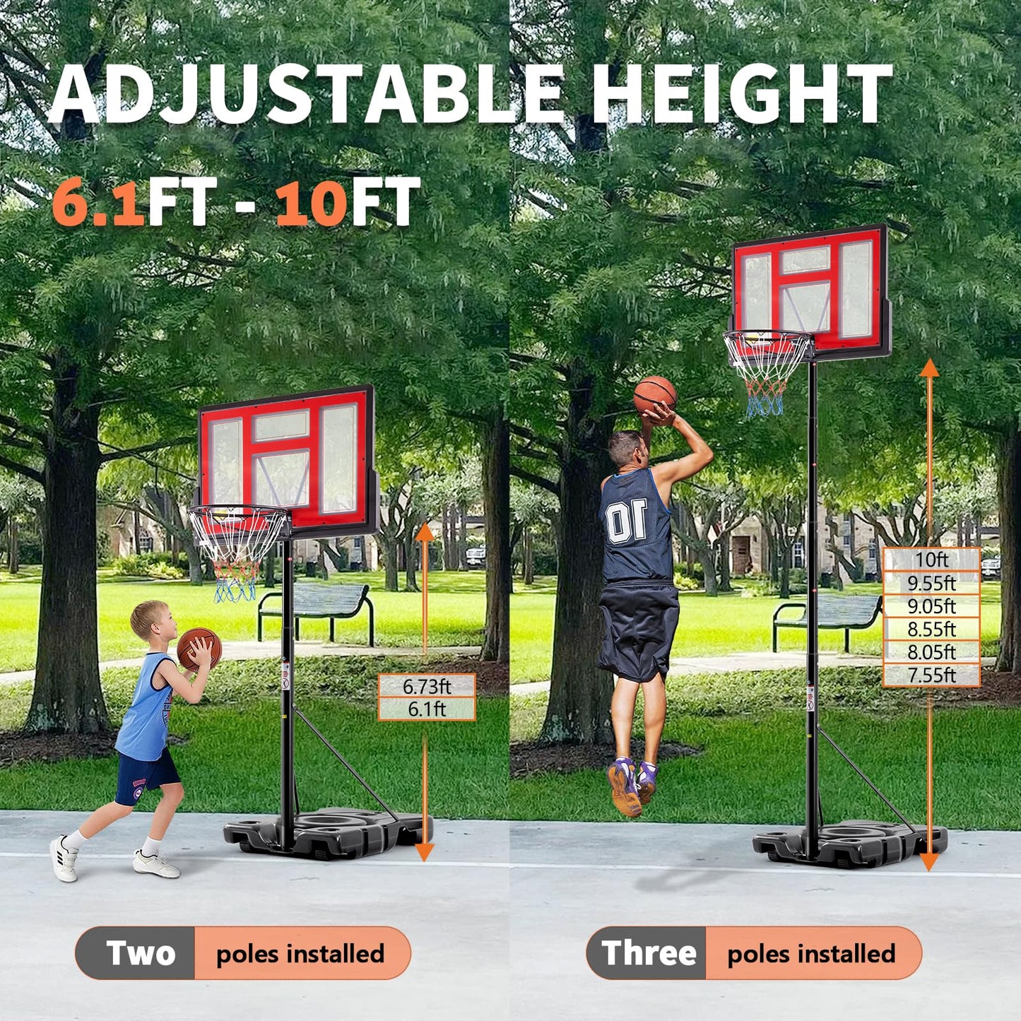 DUMOS 6.1-10FT Adjustable Height Portable Basketball Hoop Outdoor for Adult, 44 Inch Shatterproof Backboard w/Shock Absorbent Rim, Fillable Base, 2 Wheels for Swimming Pool/Indoor, Red