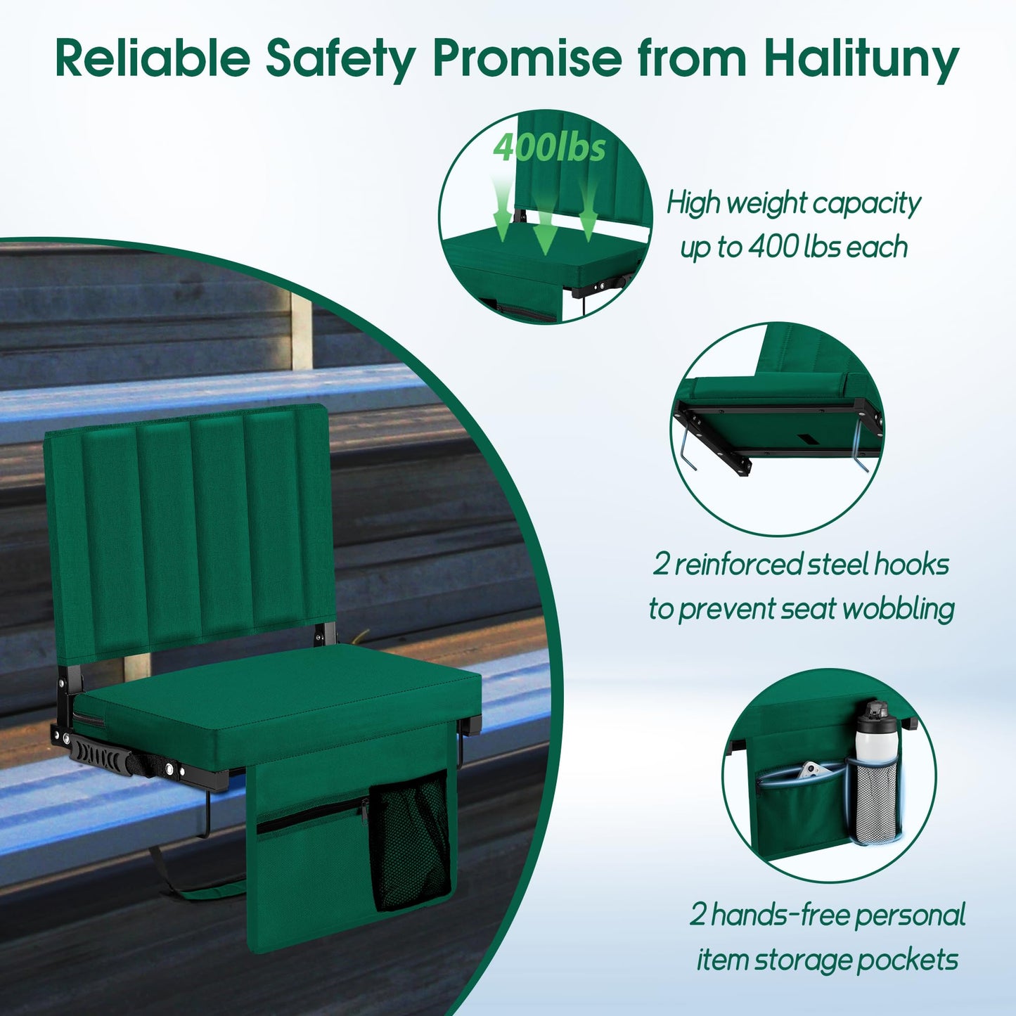 Halituny Stadium Seat for Bleachers with Back Support, Portable Bleacher Seat with Wide Comfy Padded Cushion, Metal Hook, Folding Stadium Chair with Shoulder Strap, Carry Handle, Cup Holder, Green