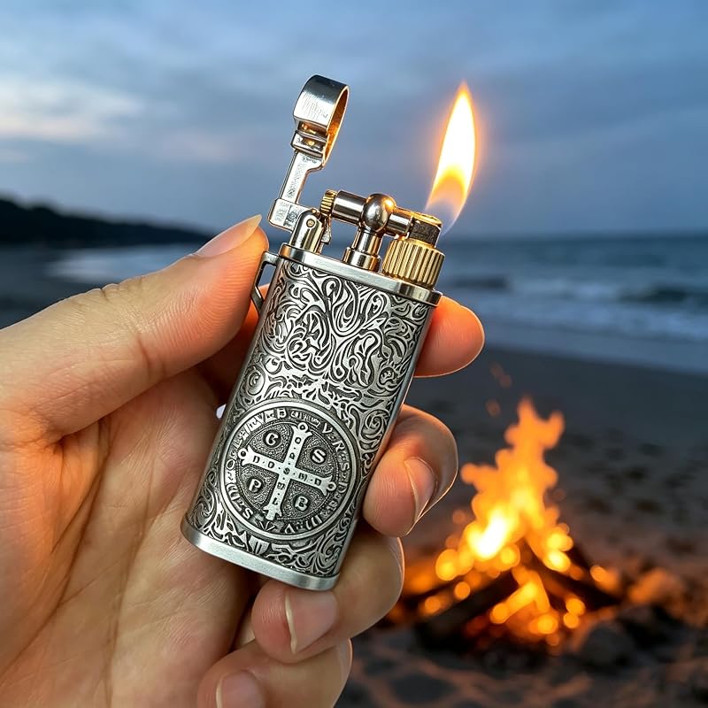 Vintage Butane Lighter with Saint Benedict Medal Motif, Refillable Pocket Trench Lighter
