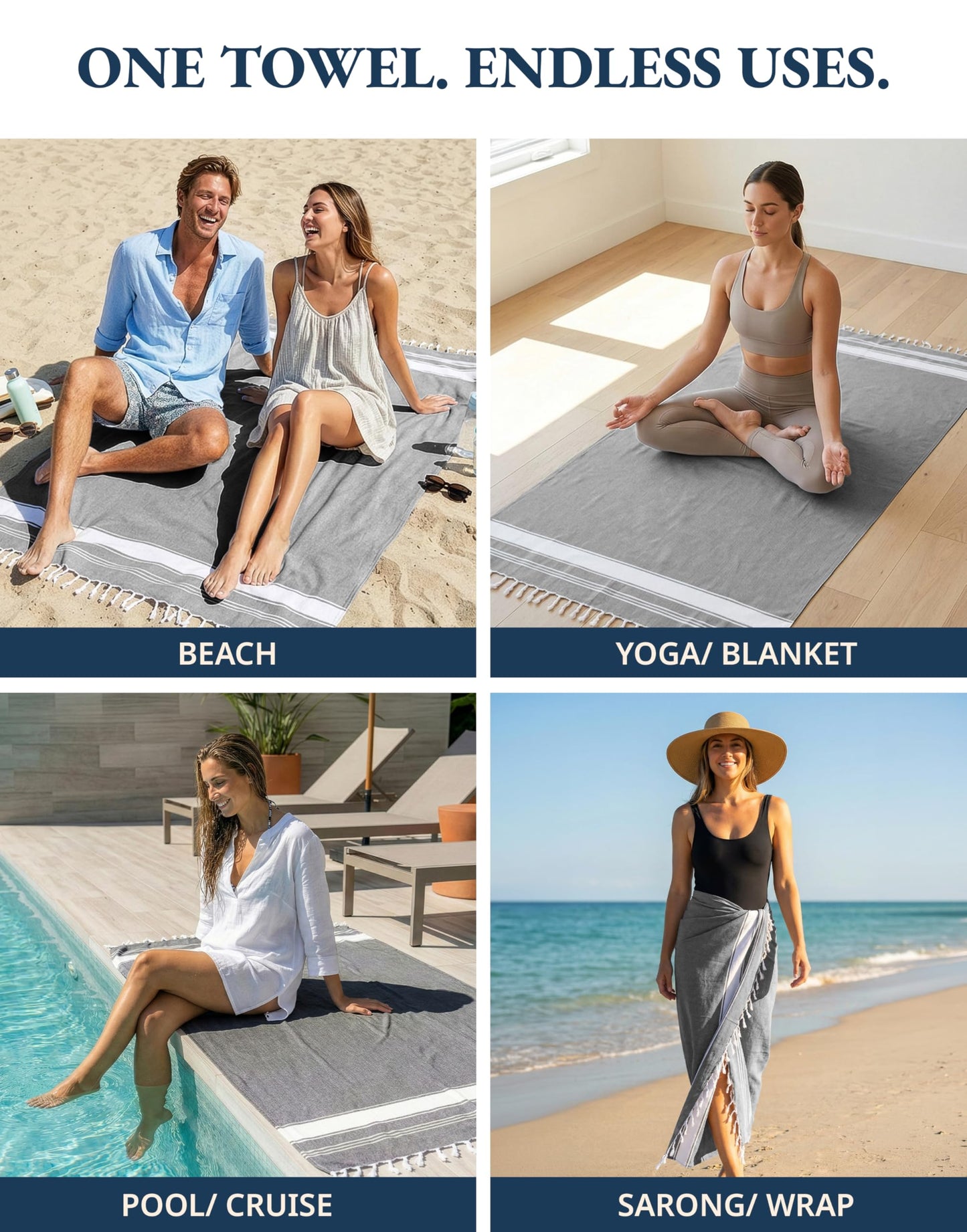 LANE LINEN Turkish Beach Towels Set of 4 - Oversized Beach Towel 39"x71", Durable Sand Proof Towel, Absorbent & Quick Dry, Perfect for Pool or Travel – Alloy