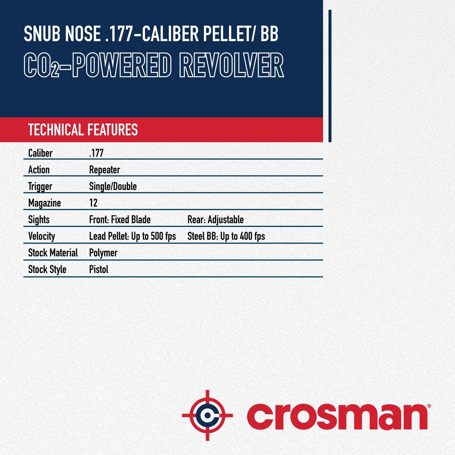 Crosman SNR357 Snub Nose CO2 Revolver for Pellets and BBs - Dual Ammo 6-Shot Swing Out Cylinder, Full Metal Body, Adjustable Sights - Black/Grey