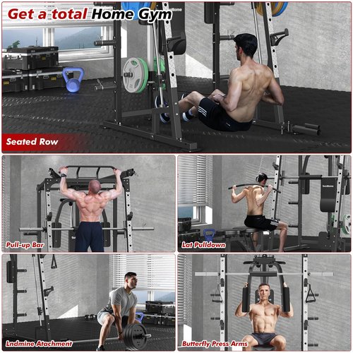 SunHome Smith Machine with Bench and 230LBS BP, 2000LBS Power Cage Squat Rack with Smith Bar, Two LAT Pull-Down Systems, Cable Crossover Machine and and More Cable Attachment for Home Gym