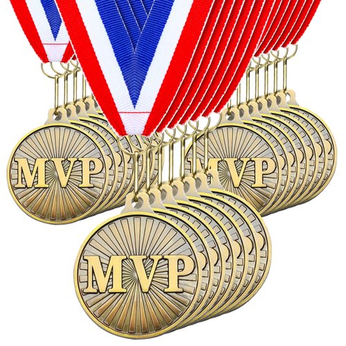 Loetere 30 Pcs 2'' MVP Award Medals Bulk with Neck Ribbons Gold Champ Trophy Most Valuable Player for Adults Games Sports Events Party Prizes Football Baseball Soccer Basketball Softball MVP Gift