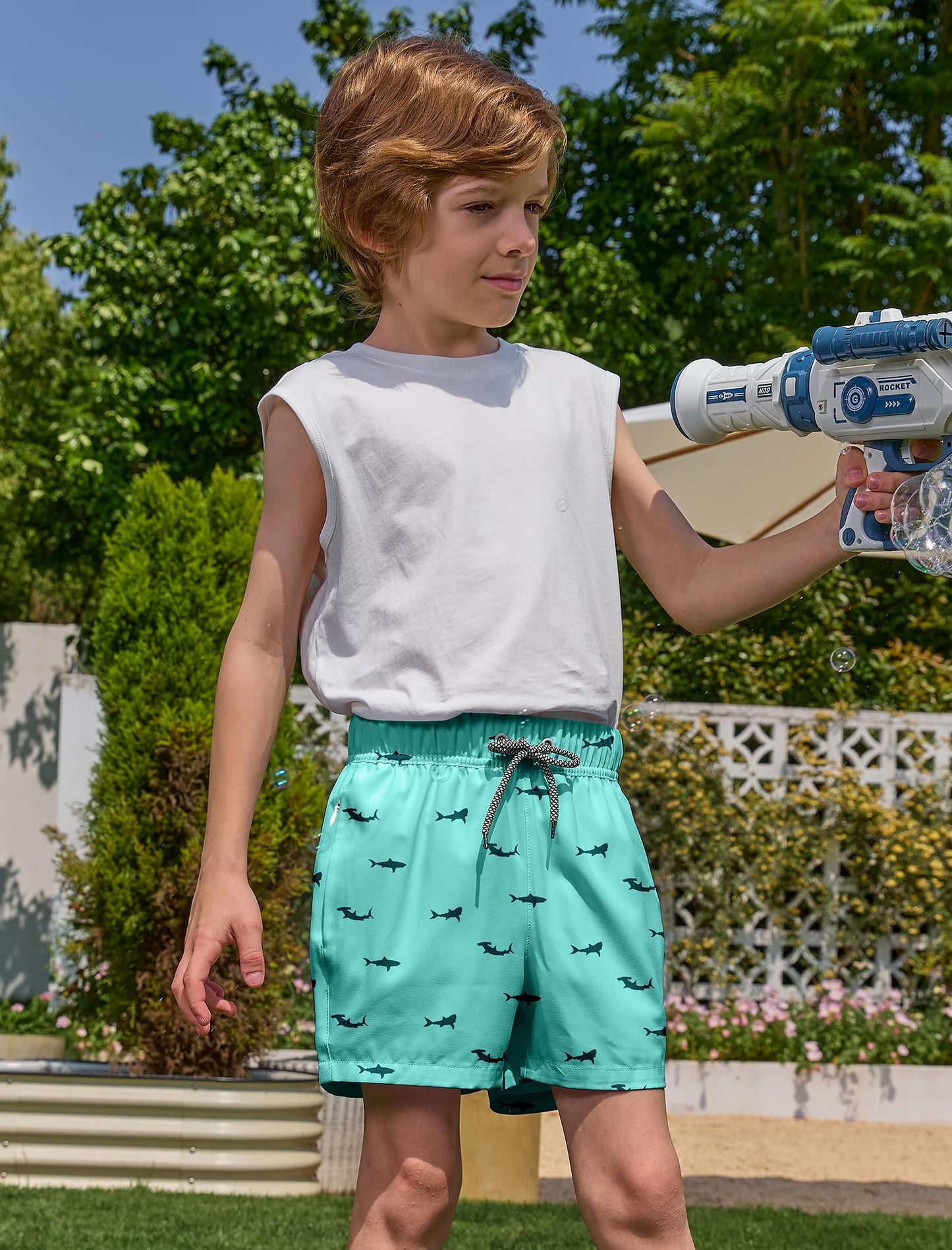 APTRO 2 in 1 Boy's Swim Trunks Quick Dry Kids Bathing Suits with Zipper Pockets Board Shorts G02-Green Fish 10-12