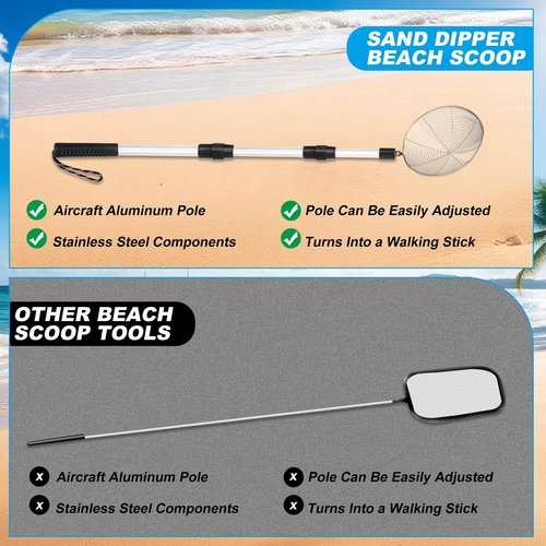 Relaxgiant 2 Pcs Full Size Beach Scoop Shovel Adjustable from 35" to 64" Sand Sifter for The Beach Sand Shovel Include 4. 5" and 6. 1" Basket Reliable Sifter Tool for Beachcombing Walking Hiking