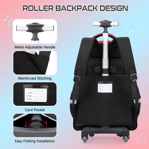 Jafeton Rolling Backpack for Boys, 3 PCS Gamer Boy Backpack Set with Lunch Box & Pencil Pouch, Roller Wheels School bag for Boys Kids Teens, Elementary Middle School, Kids Bookbag Casual Daypack