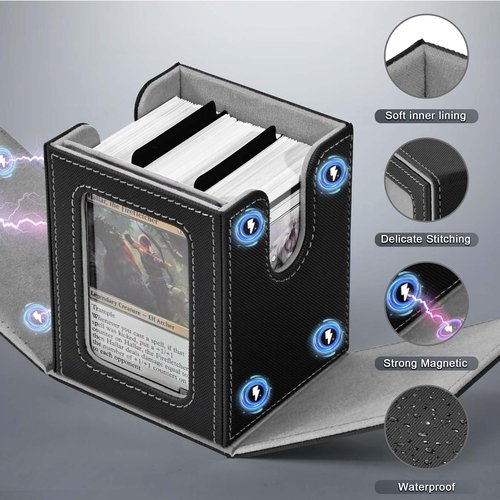 ZLCA MTG Deck Box with Commander Window Display, Trading Card Storage Box Holds 100 Double-Sleeved Cards Suitable for TCG/CCG/PTCG/EDH/Magic/Sport Cards (Black)