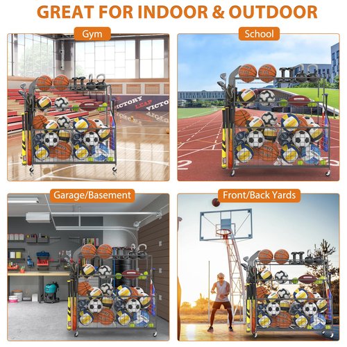 Gadroad Sports Equipment Organizer, Ball Rack, Gear & Ball Storage - Garage Organizer with Baskets, Hooks & Rolling Cart - Black