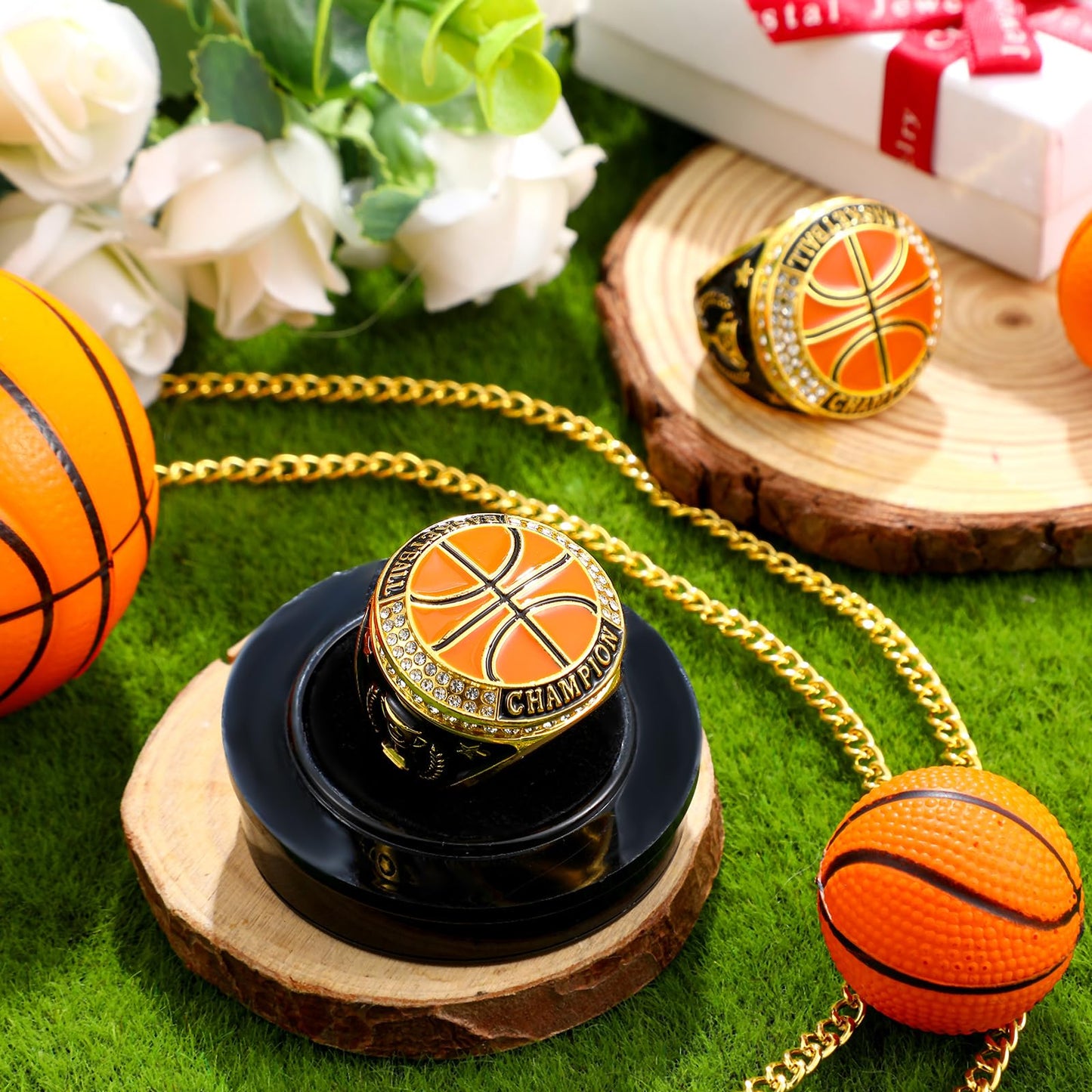 Highergo 1 PC Champion MVP Rings Baseball Soccer Basketball Volleyball Football Softball Trophy Ring with Display Stand and Neck Chain Size 11 for Winner Tournament Award Gift(Basketball)