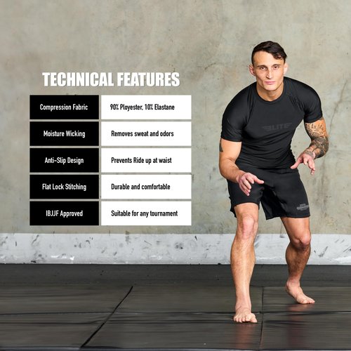 Elite Sports New Item Standard Short Sleeve Compression, Mma, Bjj, No Gi, Cross Training Rash Guard, Large, Black