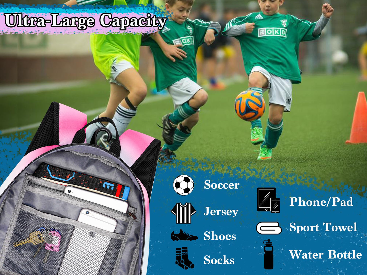 Moonlike Youth Soccer Bag, Soccer Backpack for Football Volleyball Basketball, Backpack with Ball Compartment and Ball Holder (Black)