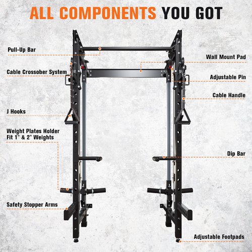 FiitDavz Folding Squat Rack - Wall Mounted Power Rack Cage with Cable Crossover Machine & LAT Pull Down - Functional Home Gym Trainer with 5 Adjustable Modes - with Safety Arm and Dips Attachment