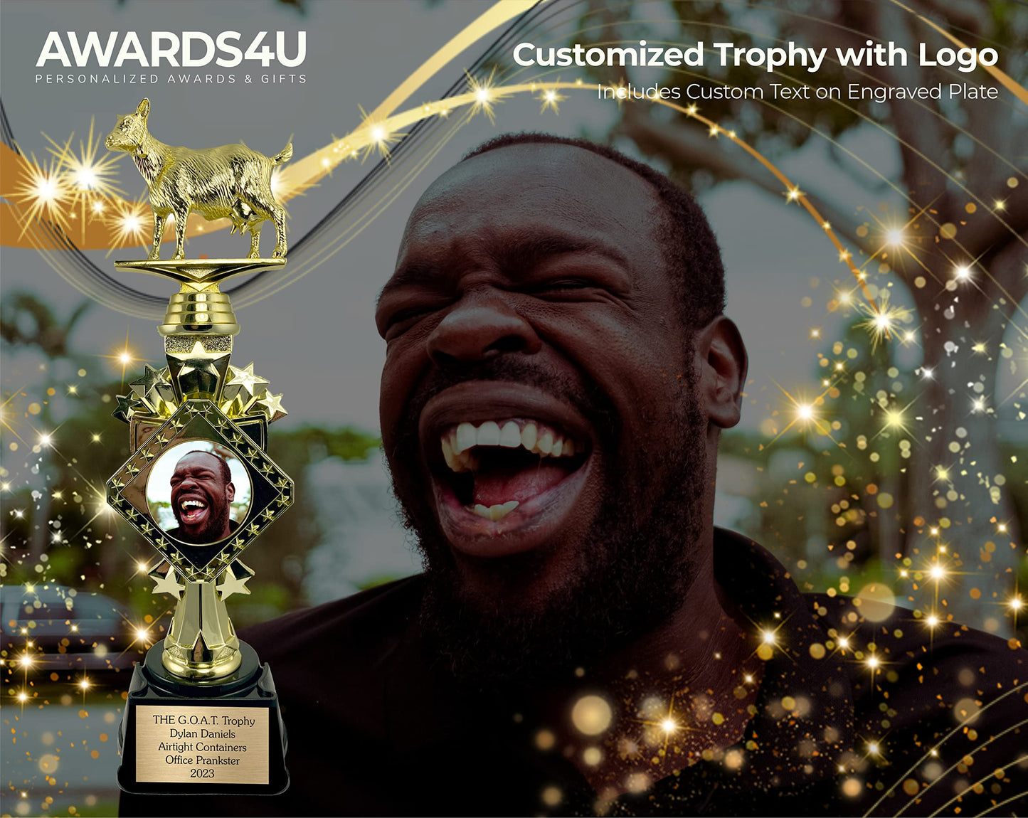 13” Goat Trophy with Custom Picture and Engraved Plate, Funny Recognition Trophies - Goat Office Personalized Award for Coworkers, Greatest of All Time Upload Your Picture or Logo