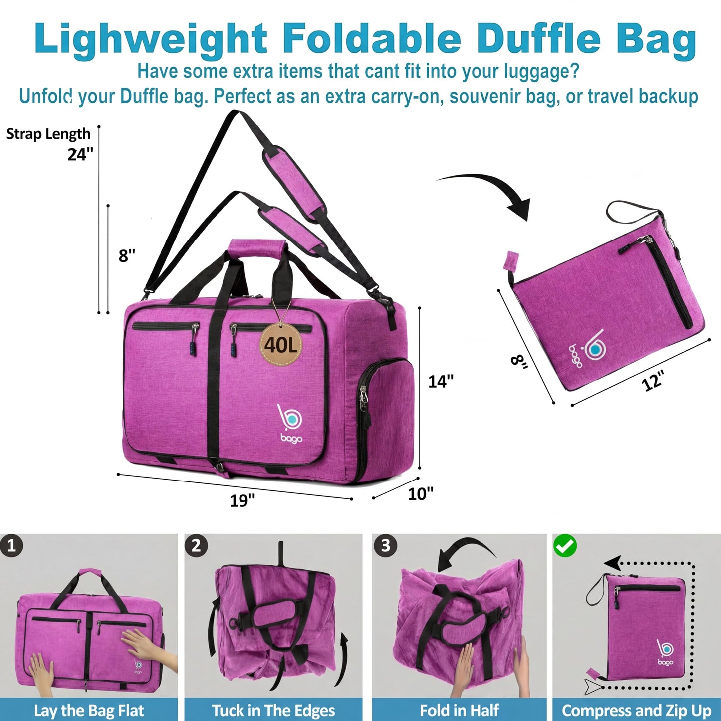 Bago Compact Duffle Bag for Travel Women & Men. Durable Lightweight Foldable Travel Duffel Bags For Traveling Women. 40L Duffle Bags a Reliable Weekender duffel or Overnight Bag With Shoe Compartment