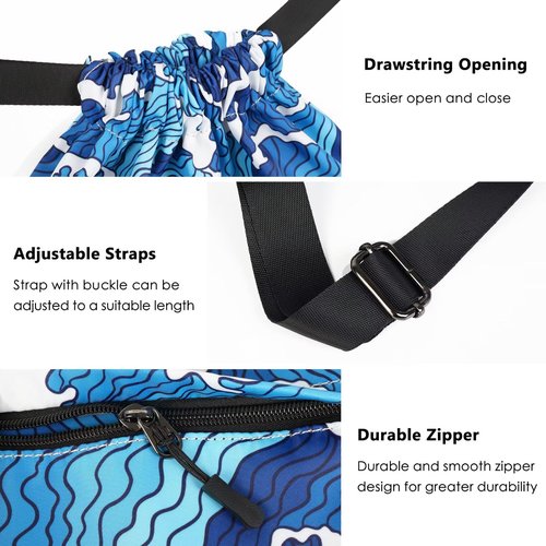 Drawstring Backpack Gym Bag for Women Men Large Capacity Back Pack Trendy Swim Bags String Backpack with Mesh Pockets for Beach Travel Hiking Yoga Wave