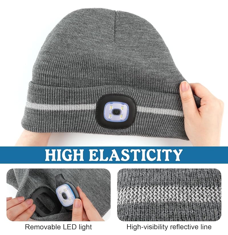 MELASA Reflective Stripe Beanie with LED Light - Fluorescent Yellow