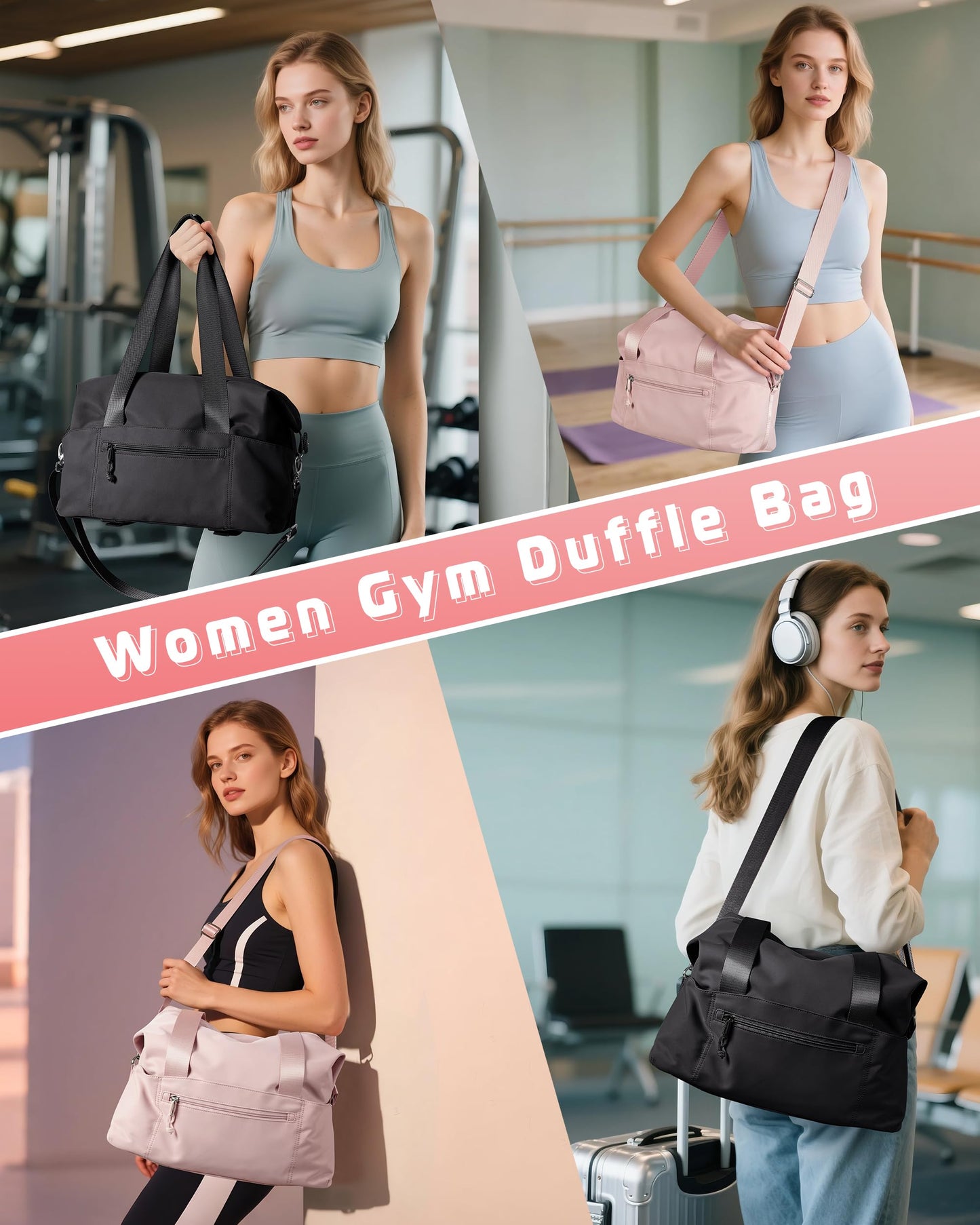 Smasrob Small Gym Bag with Yoga Mat Holder, Wet Pocket and a Separate Pouch, Small Gym Duffle Bag for Women with Detachable Crossbody Shoulder Strap, Black
